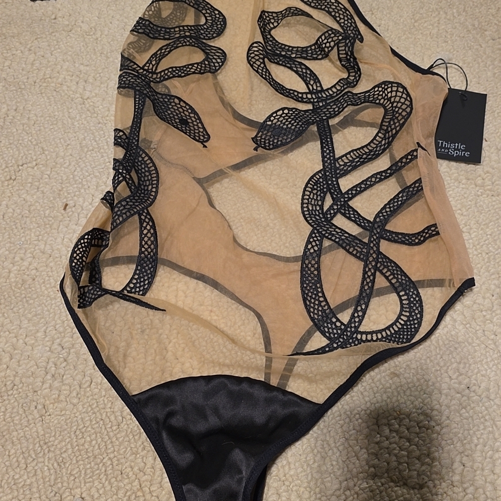 Thistle and Spire Sheer Bodysuit with Black Snake Design